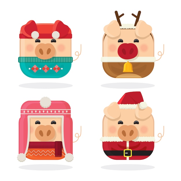 Icon set four pig and merry christmas