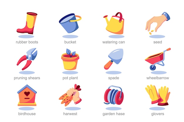 Vector icon set garden in flat cartoon style demonstration of gardening tools to adorable garden creatures