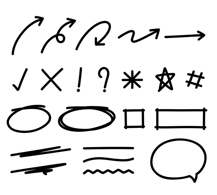 Vector 手描き矢印チェックマーククロスマーク下線吹き出し記号のアイコンセット