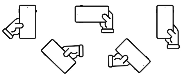 Vector icon set of a hand holding a cell phone with blank screen in various positions