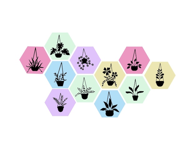 Icon set hanging plants in silhouette