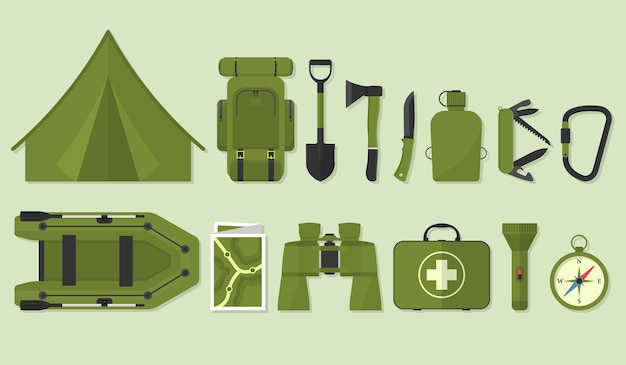 Vector icon set for hiking camping equipment vector collection binocularsboatfirst aid kit backpack flashlight tent basic camp equipment and accessories set of camping icons trekking outdoor items