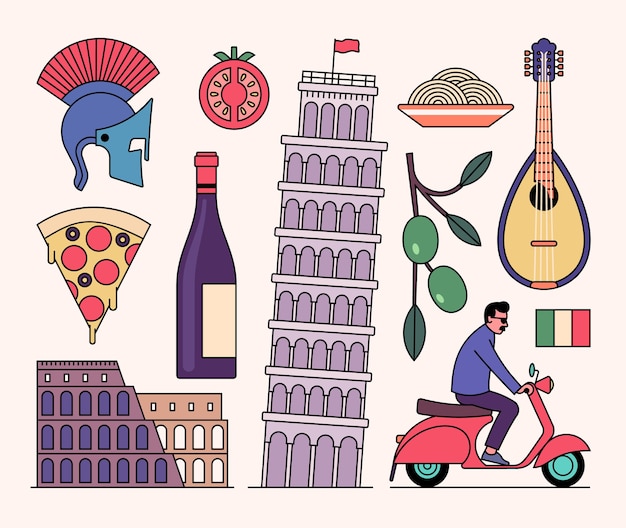 Set di icone di italia, sfondo bianco. elmo da cavaliere, pomodoro, bottiglia di vino, colosseo, torre di pisa, pasta, mandolino, ulivo, scooter, bandiera.