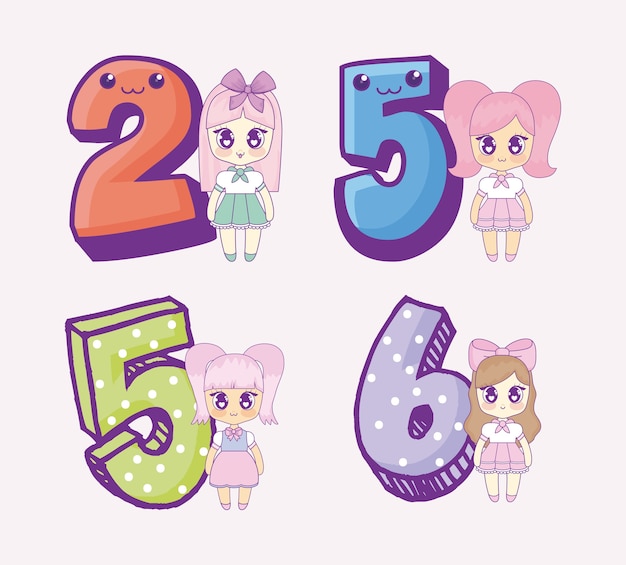 Icon set of kawaii anime girls and numbers 