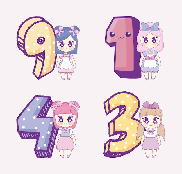 Icon set of kawaii anime girls and numbers