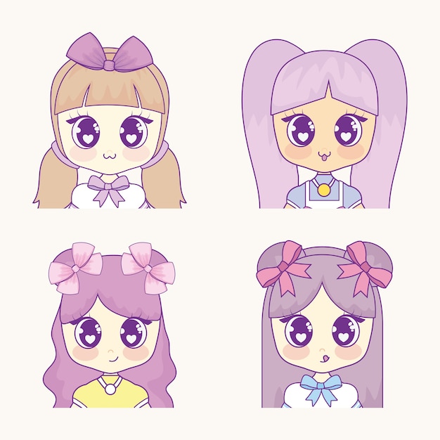 Set di icone di ragazze anime kawaii