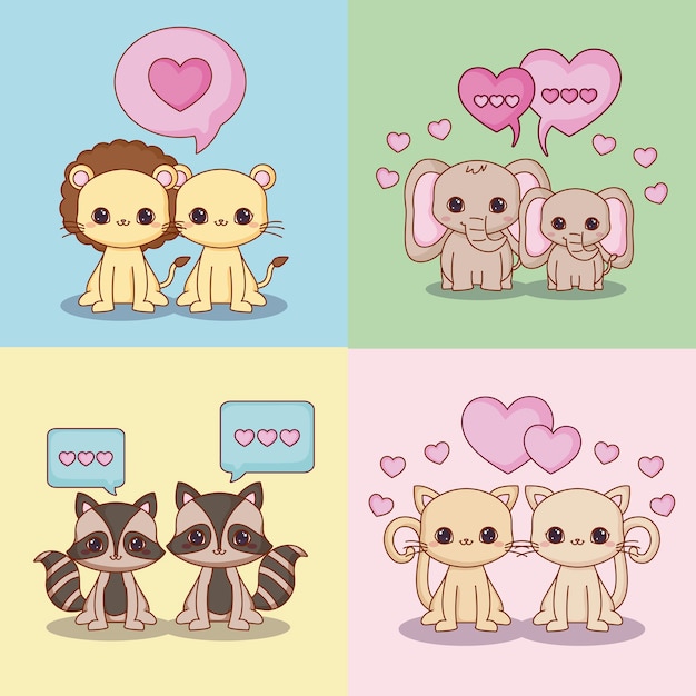 Icon set of kawaii in love couple of animals