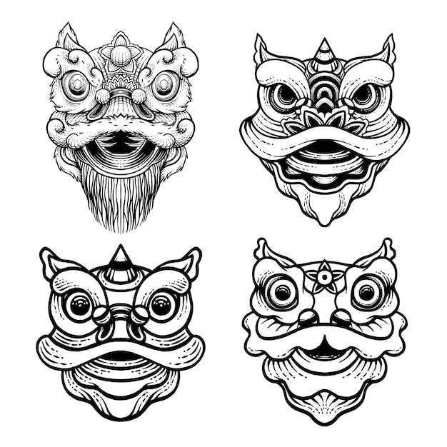 Icon set lion dance vector drawn in engraving style