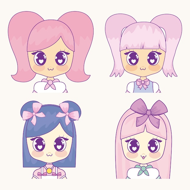 Icon set of kawaii anime girls o