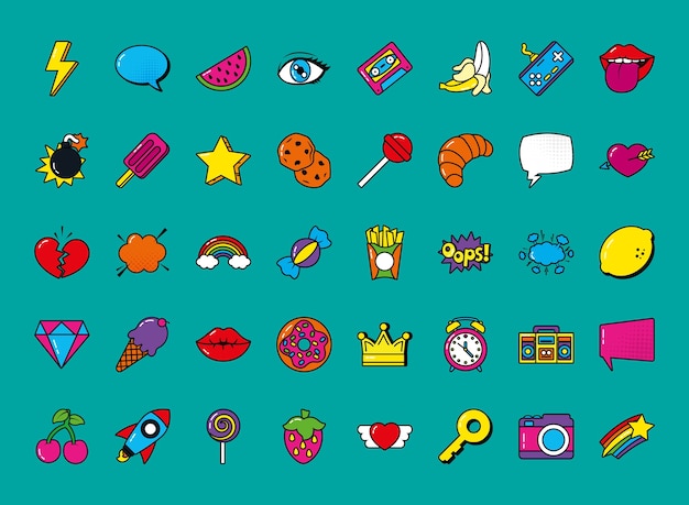 Набор иконок элементов поп-арт на бирюзовом фоне