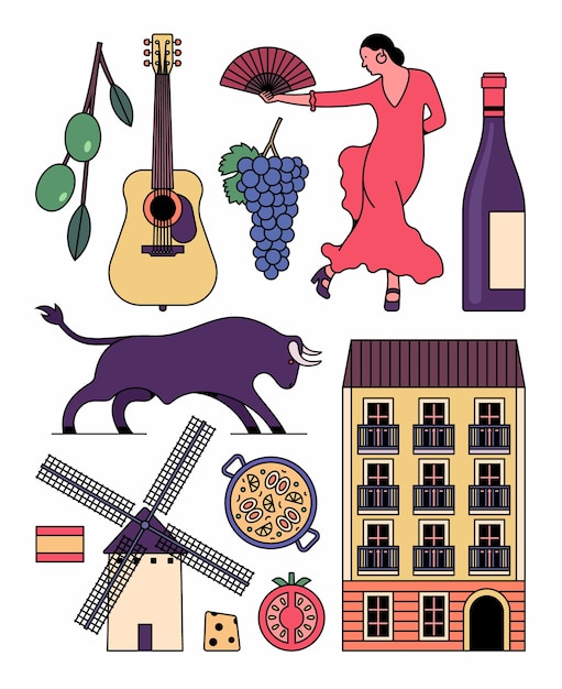 ベクトル スペインのアイコンセット。オリーブ、ギター、ブドウ、フラメンコダンス、ワイン、雄牛、家、パエリア、トマト、チーズ、風車、旗。