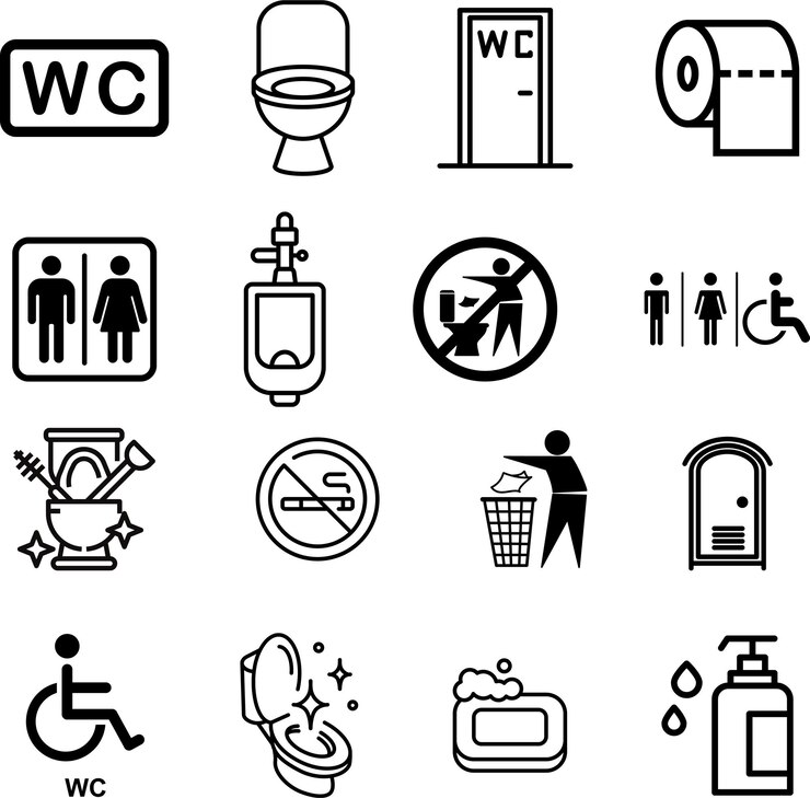 Vector icon set openbare toiletten zittoilet weefsel mannelijk toilet vrouwelijk toilet stock vector illustratie