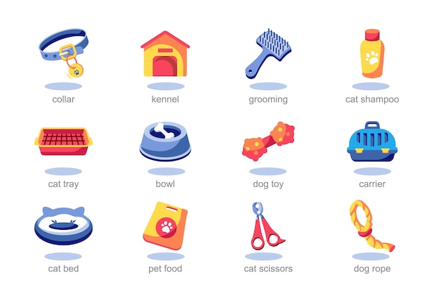 Vector icon set pet in flat cartoon style leashes dishes toys special food are shown in the picture and