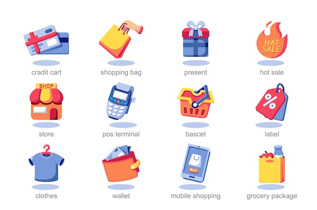 Icon set shopping in flat cartoon design featuring colorful shopping carts and enticing storefronts