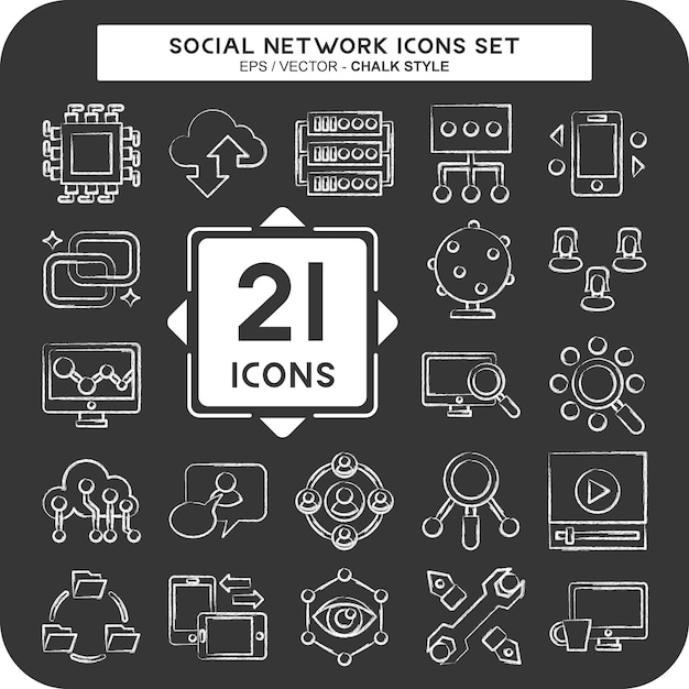 Набор икон Социальная сеть, связанная с символом Интернета мелом Стиль простая иллюстрация дизайна
