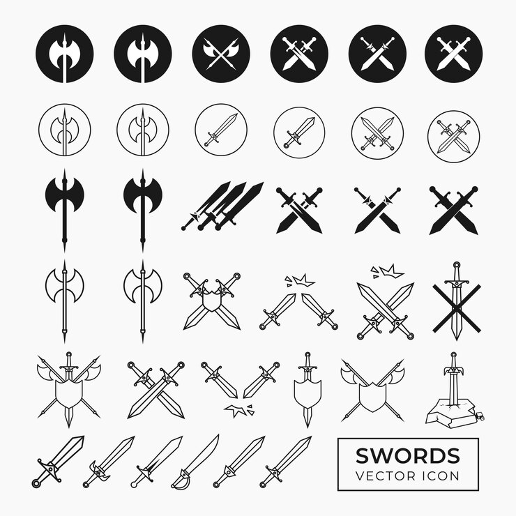 Vector icon set of sword and axe flat design suitable for user interface sign and symbol