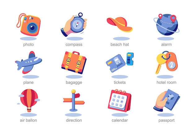 Vector icon set travel in flat cartoon design featuring adorable globetrotters and exploration gear this