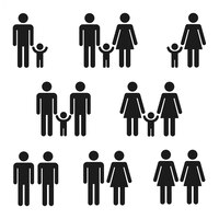 Icon set van gezinnen, eenvoudige stok figuur symbolen. traditionele en homoseksuele paren met kinderen.