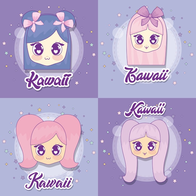 Icon set van kawaii animemeisjes