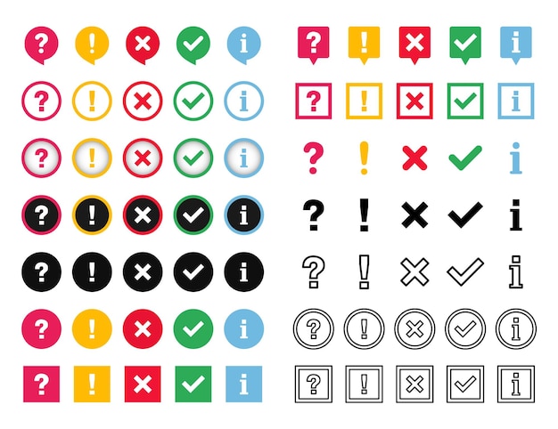 Vector icon set van vinkje kruis vraagteken uitroepteken informatiepictogram