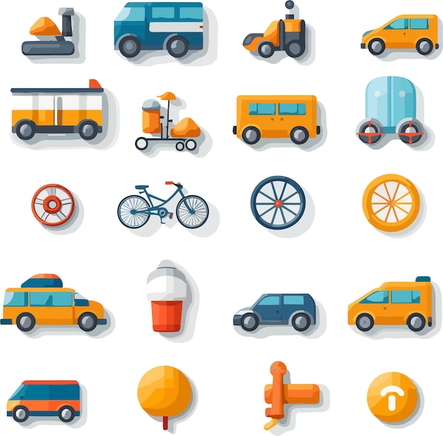 Icon set vlakke stijl auto bus trein vliegtuig en fiets