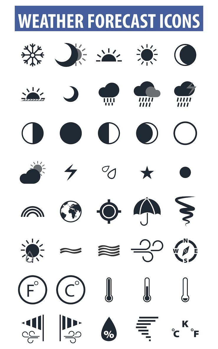 Vector icon set  weather and forecast filled icon style vector illustration on white background