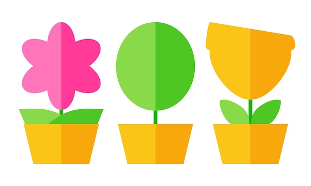 Icon set with flowers in pot in primary colors