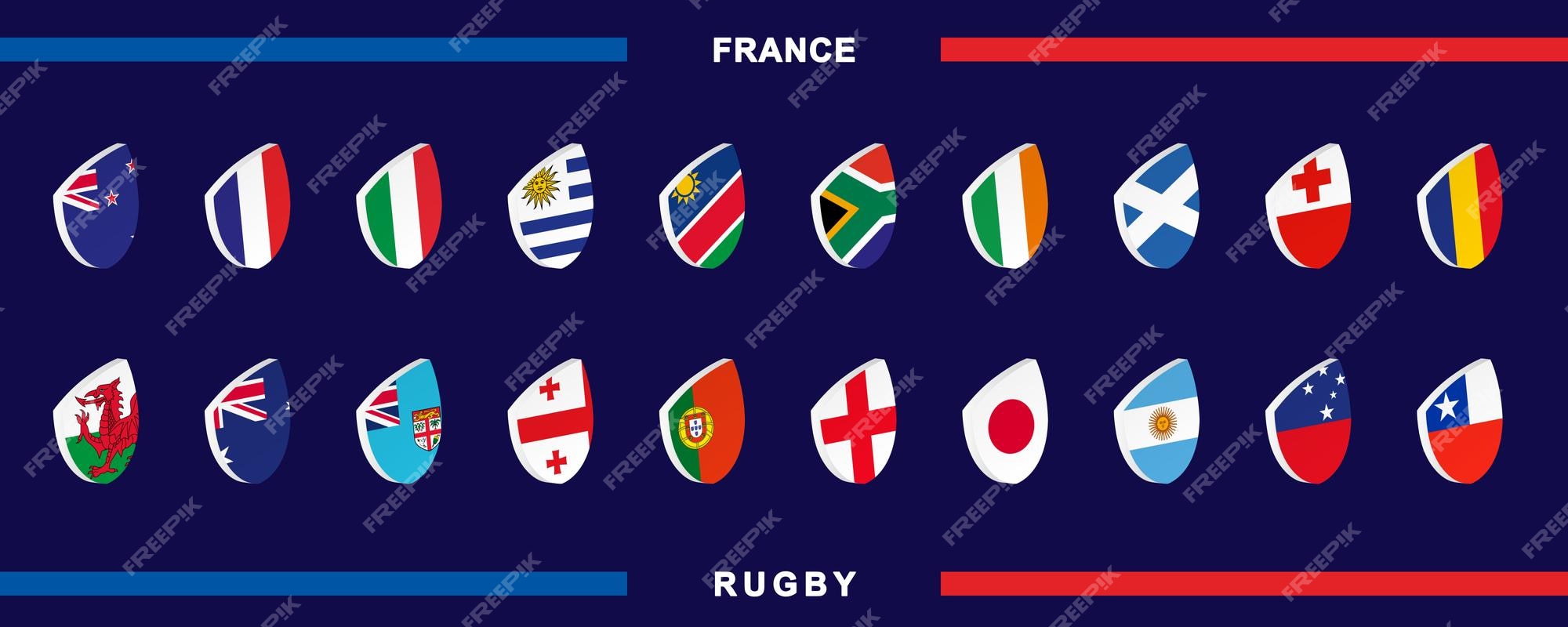 Conjunto de ícones com a bandeira das seleções nacionais para a competição  de rugby de 2023 ícone do campeonato mundial de cada participante