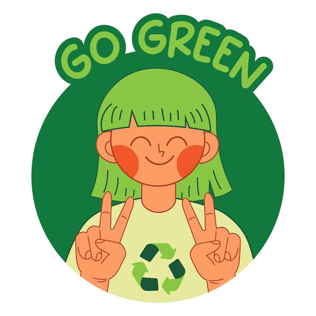 Vector icon sticker avatar met meisje en tekst go green motivatieve uitnodigende vector illustratie van ecologie en groen leven