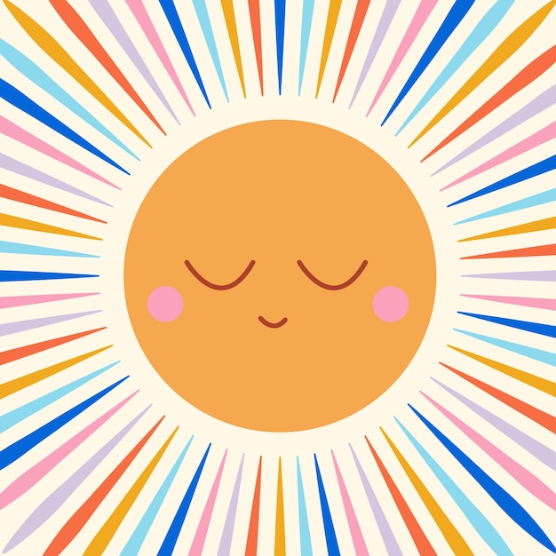 Icon sticker button backdrop in hippie style with orange sun with cute face holding rainbow Retro style