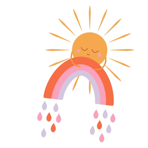 Icon sticker button backdrop in hippie style with orange sun with cute face holding rainbow Retro style