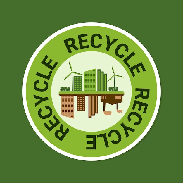 Vettore bottone adesivo icona sul tema del risparmio e delle energie rinnovabili con città con energia non rinnovabile e città con pannelli solari turbine eoliche verde e marronex9
