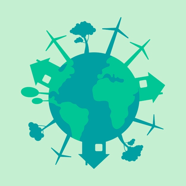 Icon sticker button on the theme of saving and renewable energy with earth planet house and Wind turbines