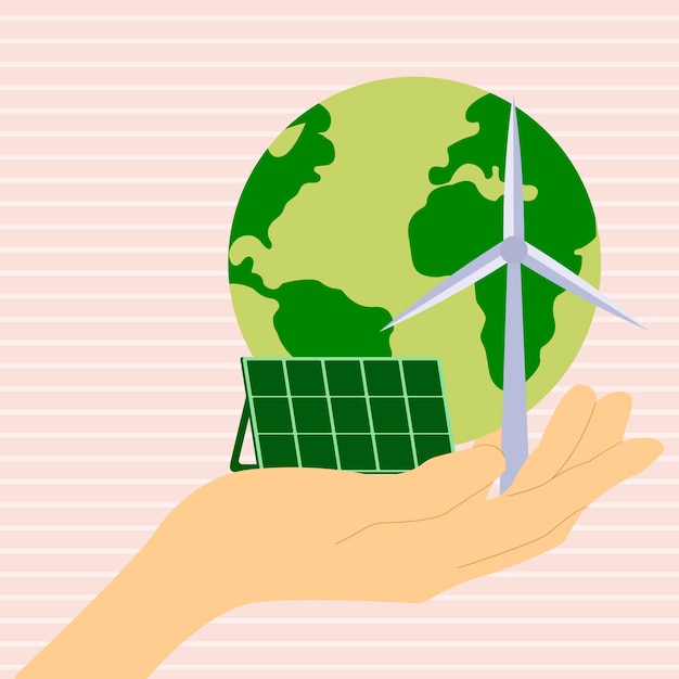 Icon sticker button on the theme of saving and renewable energy with hand holding earth planet wind turbine and solar panel