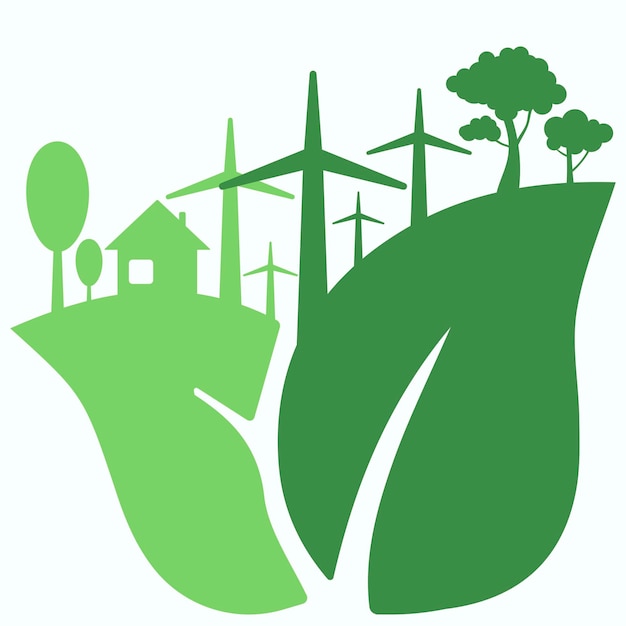 Icon sticker button on the theme of saving and renewable energy with leaves trees house and Wind turbinesx9