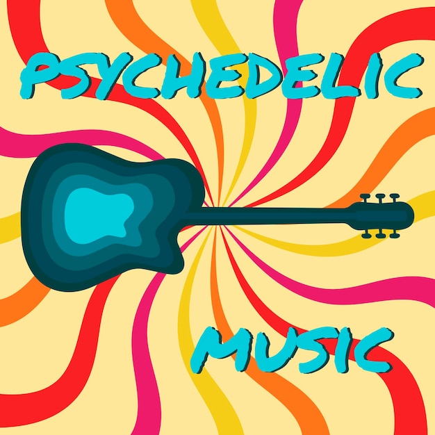 Icon sticker in hippie style with blue guitar waves and text Psychedelic music on beige background Retro style