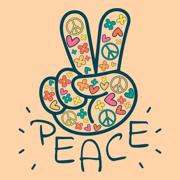 Icon sticker in hippie style with floral V sign and text Peace on a beige background with flowers hearts and peace signs