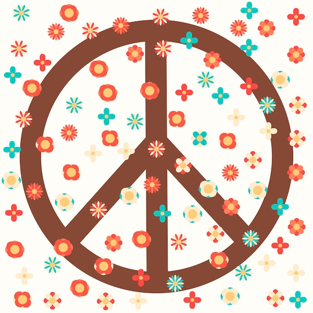 Vector icon sticker in hippie style with peace sign and flowers on beige background retro style