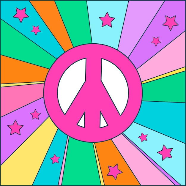 Icon sticker in hippie style with Peace sign and flowers on beige background Retro style