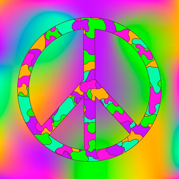 Icon sticker in hippie style with rainbow Peace sign on rainbow gradient background Neon style