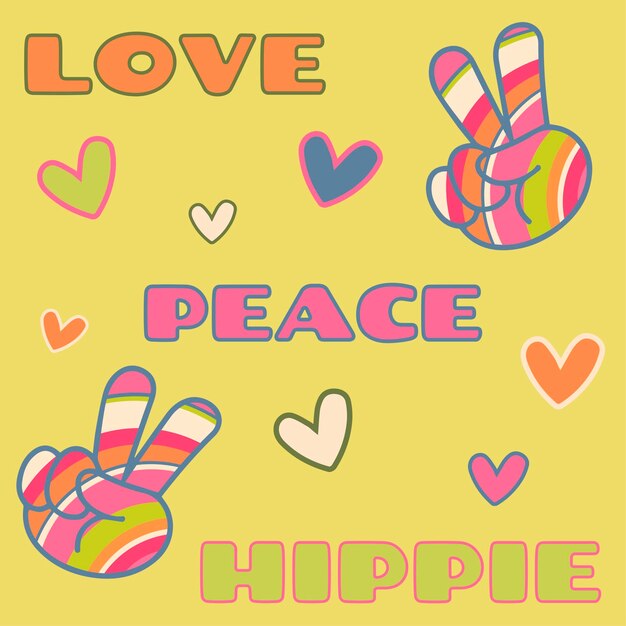 Icon sticker in hippie style with text Love Peace Hippie and hearts victory signs on bright yellow background in retro stylex9