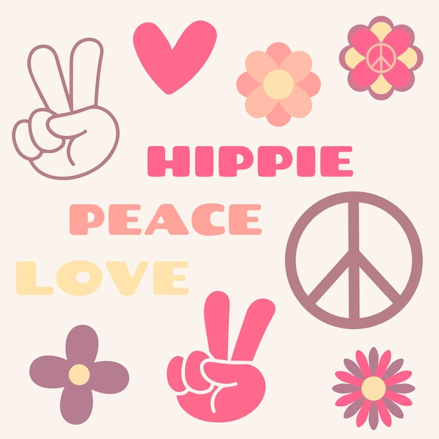 Vector icon sticker in hippie style with text love peace hippie and hearts victory signs flowers in retro stylex9