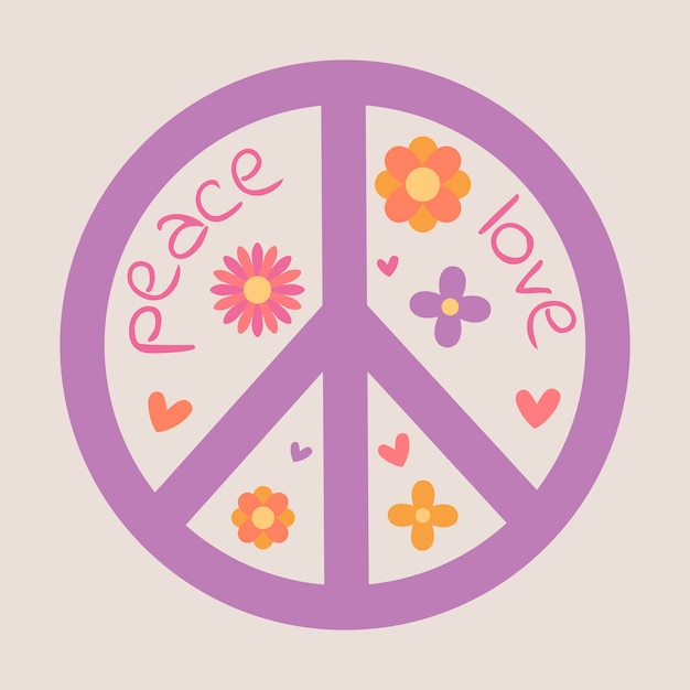 Icon sticker in hippie style with violet Peace sign text peace love and flowers and hearts on beige background Retro style