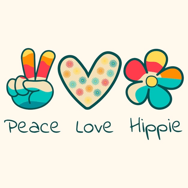 벡터 레트로 스타일의 베이지색 배경에 love peace hippie 텍스트와 심장 승리 기호 및 꽃이 있는 히피 스타일의 아이콘 스티커