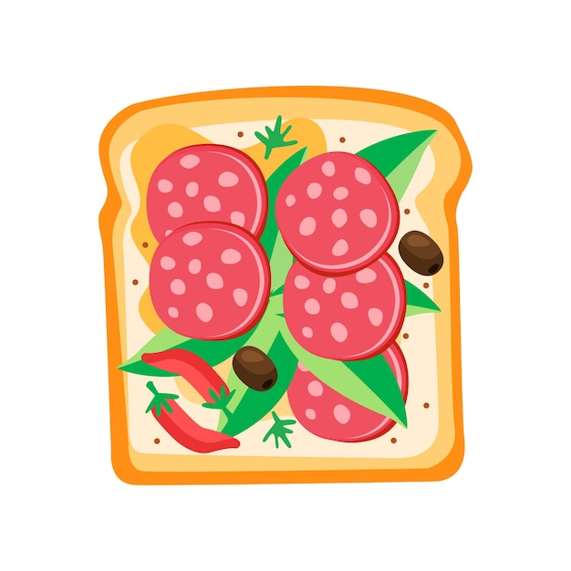 Icon of toasted bread with pepperoni leaves of basil olives and red hot pepper Delicious sandwich for breakfast Graphic design for cafe menu Colorful flat vector illustration isolated on white