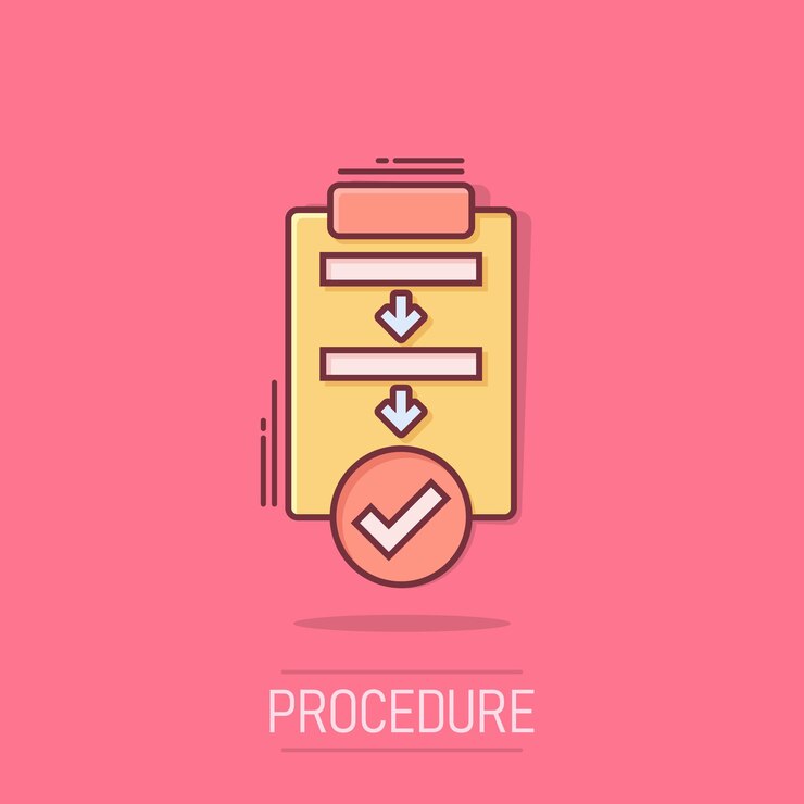 Vector icon van de lijst van procedures in komische stijl documentproject cartoon vectorillustratie op geïsoleerde achtergrond checklist splash effect bedrijfsconcept