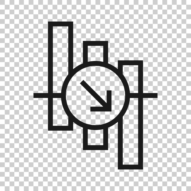 Icon van de markttrend in platte stijl Dalende pijl met vergrootglas vector illustratie op witte geïsoleerde achtergrond Dalende bedrijfsconcept