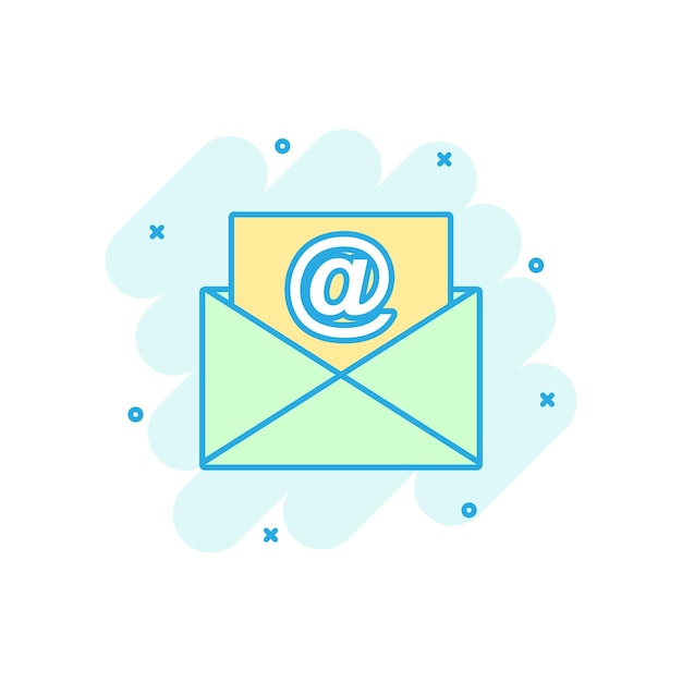 Icon van een e-mail enveloppe in komische stijl E-mail bericht vector cartoon illustratie pictogram E-mailbusiness concept splash effect