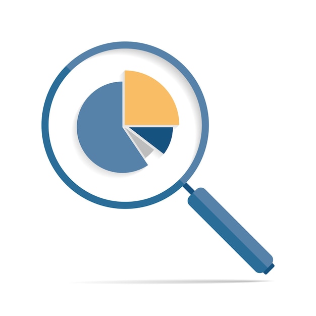 Icon van een vergrootglas in platte stijl Zoeken naar vergrootglas en diagrammen op kleurenachtergrond Zoom voortgang