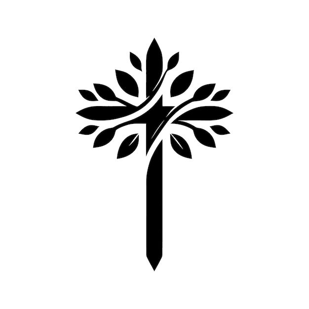 Icon van het christelijk kruis zwart symbool van het christelijke kruis met plant en bladeren religieus symbool